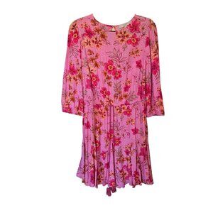 LOFT Lily Godet Puff Sleeve Mini Flare Dress Pink Floral Women's Large
